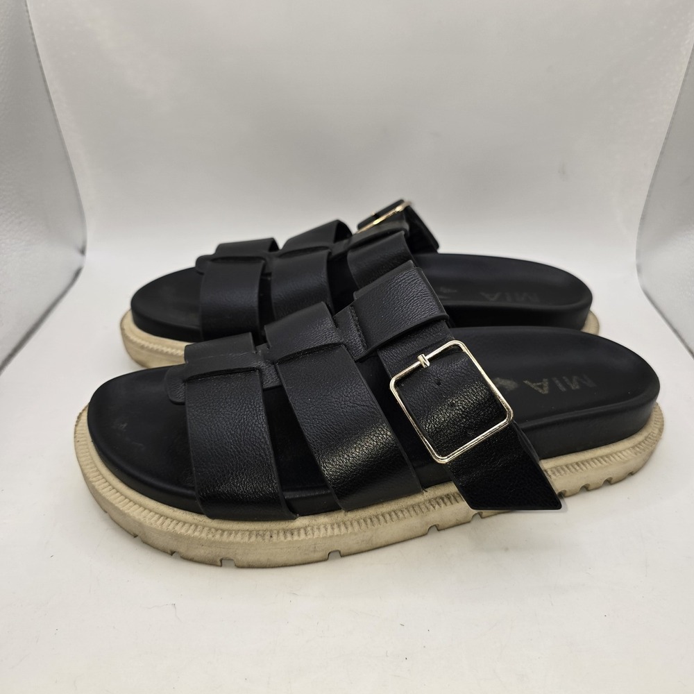 MIA Women's Black Multi-Strap Buckle Slide Sandals US Size 8 Platform Comfort